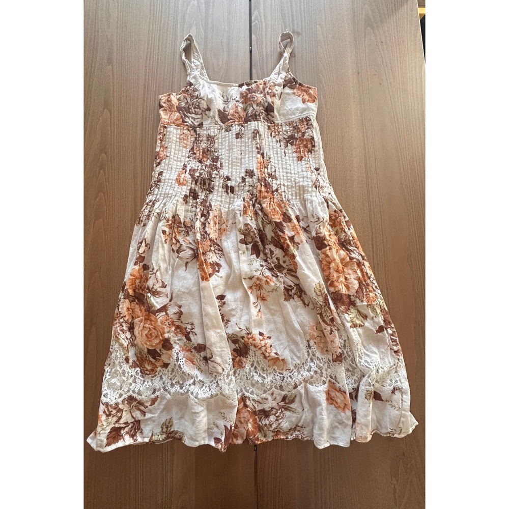 Rickie Freeman Teri Jon Floral Cotton Lace Trim Pleated Sundress Brown Orange